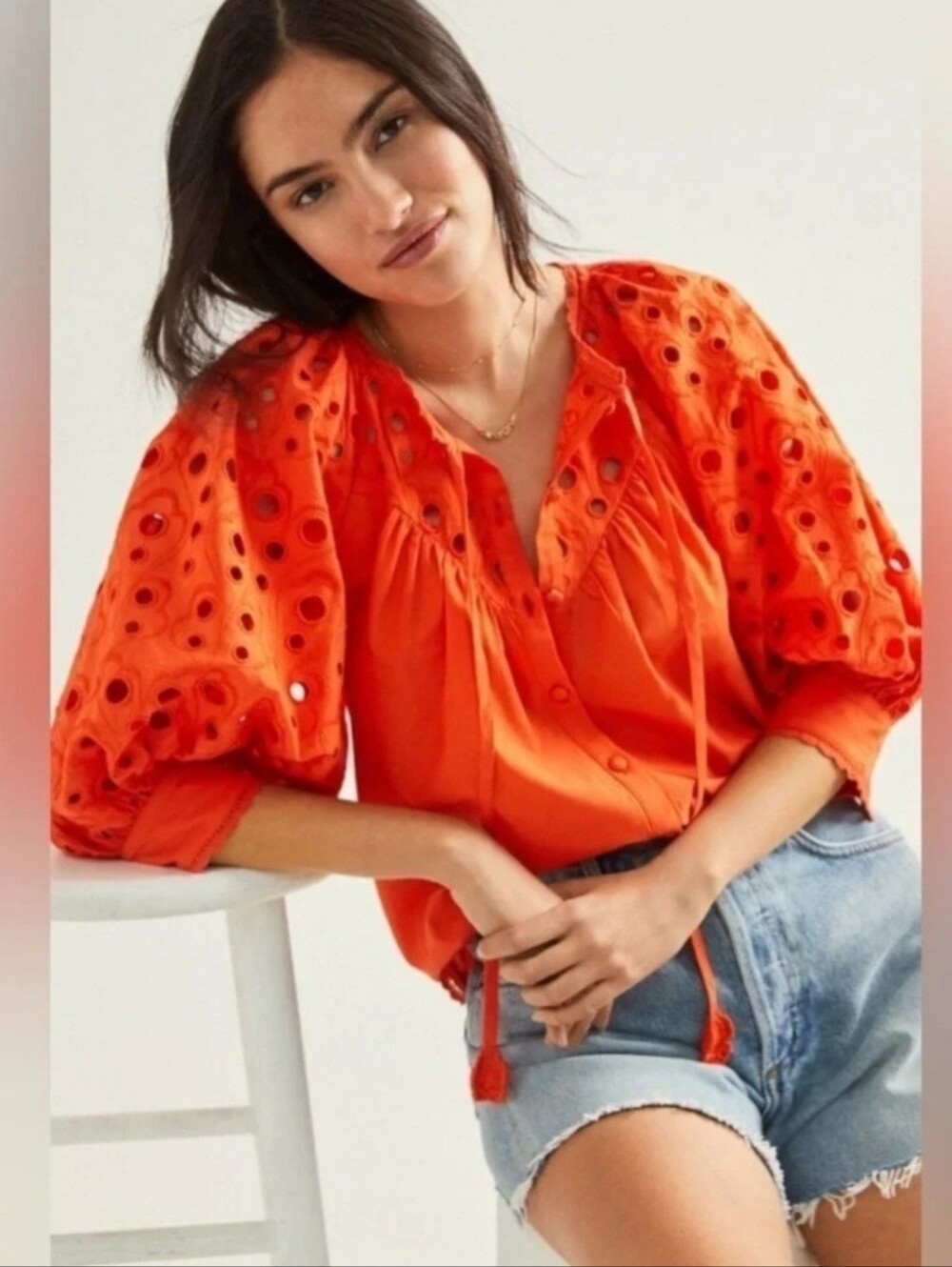 Anthropology Boho Eyelet Peasant Blouse - Orange